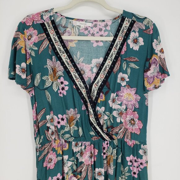 3/$25 Maurices Floral V Neck Dress M Flounce Hem Faux Wrap A Line Teal - Picture 4 of 9
